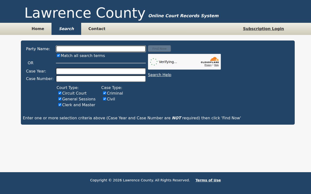 Lawrence County warrant search portal fields and court filters
