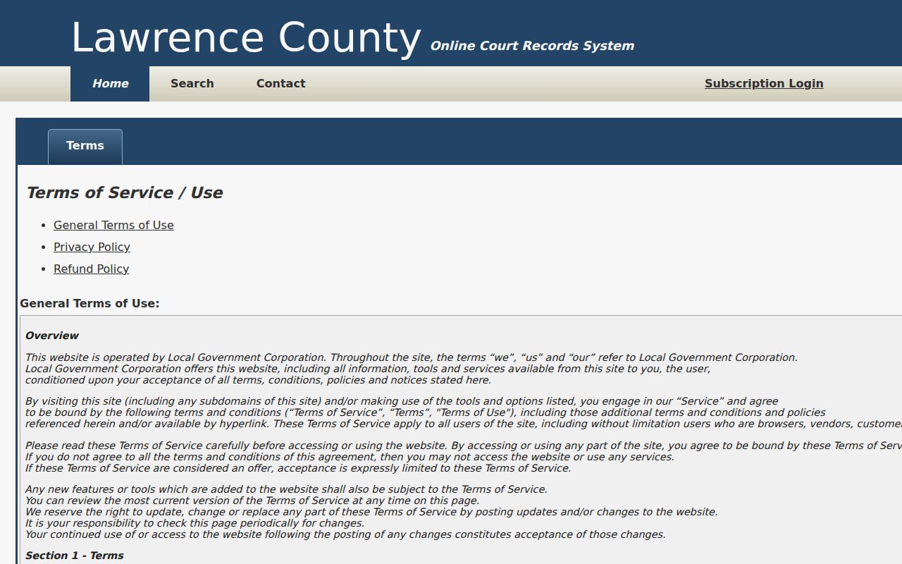 Lawrence County warrant portal terms and search limitations