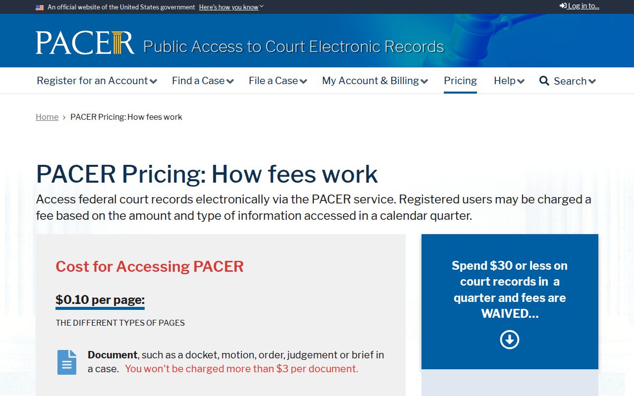 Federal PACER fees for docket searches involving Lawrence County warrant questions
